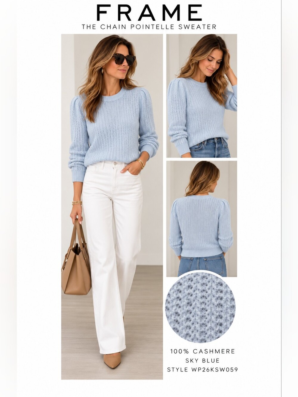 FRAME 100% Cashmere Sky Blue Pointelle Sweater S/P